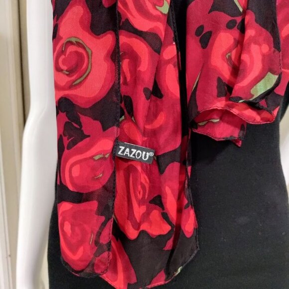 Zazou Floral Rose Lightweight Sheer Scarf Neckwear Red Black Women's Length 30" - Picture 4 of 7